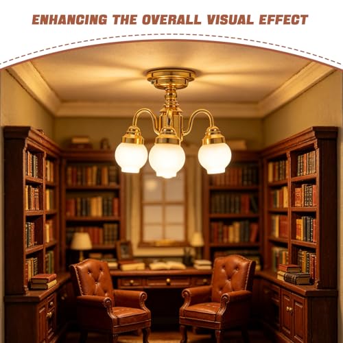 TOYANDONA Dollhouse Chandelier 1:12 Scale: 3-Head Round Lampshade Doll House Ceiling Lamp Miniature Dollhouse Lights Battery Operated for Doll House Accessories Decorations