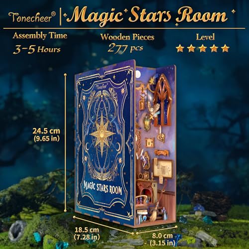 Tonecheer DIY Book Nook Kit for Adults,3D Wooden Puzzle Bookend Bookshelf Insert Library Decor, Booknook Miniature House Kit with Body Motion Sensor LED Light (Magic Stars Room) - color: Magic Stars Room