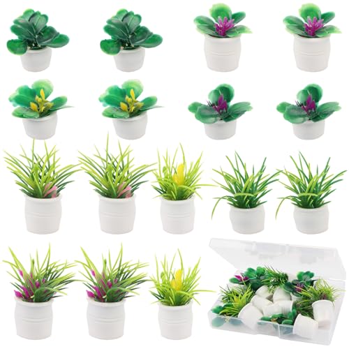 16pcs Miniature Garden Plant Set White Potted Plants Tiny Flower Vase Bouquet Fairy Accessories Mini Artificial Plant Pots Floral Figurines