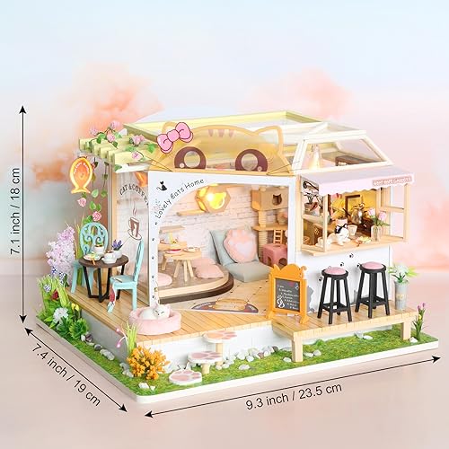 GuDoQi DIY Miniature Dollhouse Kit, Tiny House Kit with Music, 1:24 Scale, Handmade Crafts Gift for Christmas Day Birthday, Lovely Cats' Coffee Shop - color: Coffee Shop