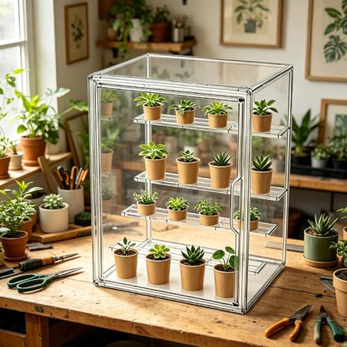 Mini Greenhouse Indoor, Clear Small Green House with Magnetic Door, Stackable Succulent Seed Starting Kit Children Nature Observation Station - size: 14"x 8.5"x 10.5"