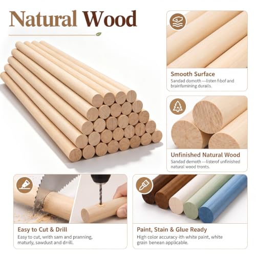 SiliFine 30 Pcs Round Wood Dowel Rods, 3/4 x 36 Natural Pine Wood Stick