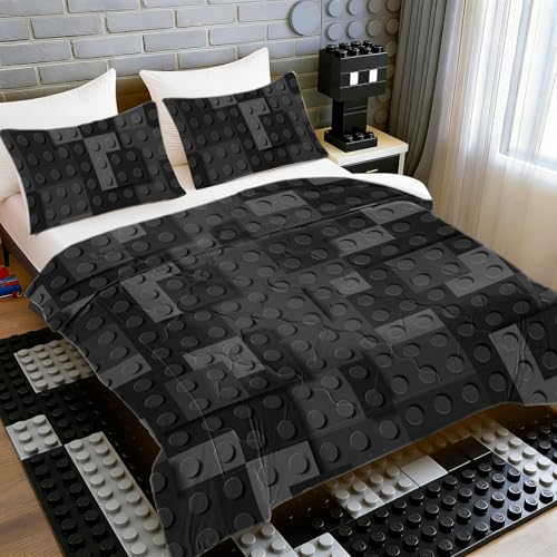 BlessLiving Kids Building Blocks King Comforter Set Geometric Minimalist Bedding Set Modern Black Grey Microfiber Comforter Soft Lightweight Bed Set for Apartment Dorm Bedroom - color: Black Building Blocks, size: King