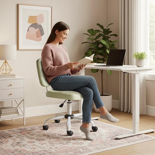 VINGLI Compact Small Desk Chair, Cute Armless Chair with Wheels, Vanity Chair with Low Back, Height Adjustable Task Chair for Small Spaces, Office, Bedroom, Make Up Room, PU Leather, Mint Green - color: Mint Green