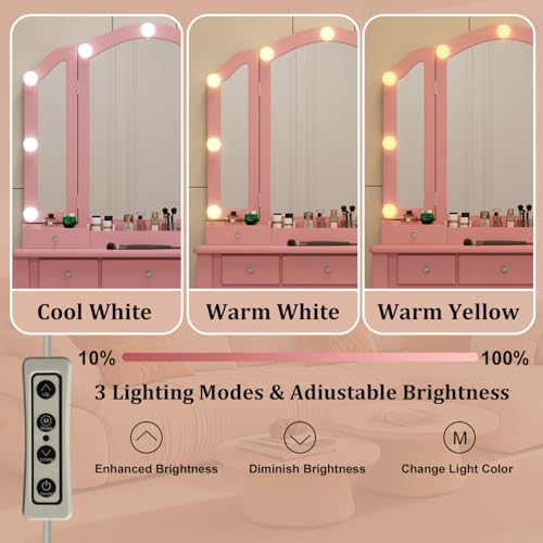 Pink Vanity Desk With Mirror And Lights For Girls Makeup Vanity Desk With Chair Vanity Table And Stool Set With 5 Storage Drawers 3 Colors Lighting Modes Tri Fold Vanity Mirror Lighted Vanity - style: Pink