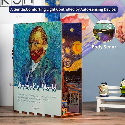 Tonecheer DIY Book Nook Kit for Adults,3D Wooden Puzzle Bookend Bookshelf Insert Library Decor, Booknook Miniature House Kit with Body Motion Sensor LED Light (Vincent's World) - color: Vincent's World