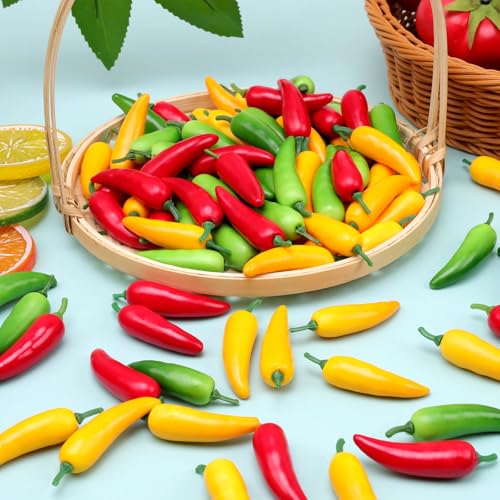 Gresorth 60 Pcs Artificial Mini Chili Pepper Decoration Fake Vegetables - color: Red, Green, Yellow