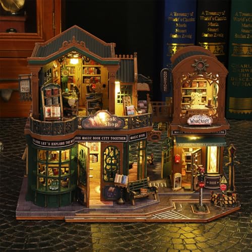 3D Wooden Puzzle for Adult, 3D Puzzle DIY Miniature House Kit for Adult, Booknook with LED Light, 3D Wood Puzzle Gifts for Family, Friend, Bookshelf Decor(Twilight Book City) - color: Twilight Book City
