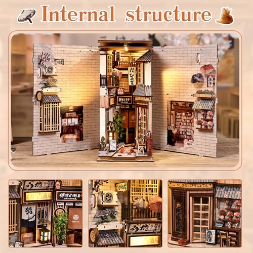 Book Nook Kit, 3D Wooden Puzzles for Adults, DIY Miniature House Kit for Adults, Booknook with LED Light, Gifts for Family, Friends and Book Lovers, Bookshelf Decor(Cat's Alley) - color: Cat's Alley