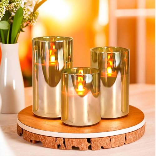 NICEME Radiance Evanescing Flameless Candles with Remote, 3 Pack Glass Battery Operated Candles with Timer, Real Wax Glass LED Candles Flickering Wedding Home Party Christmas D3 x H4 5" 6" Gold - color: White + Gold Glass, size: D 3”×H 4”5”6”