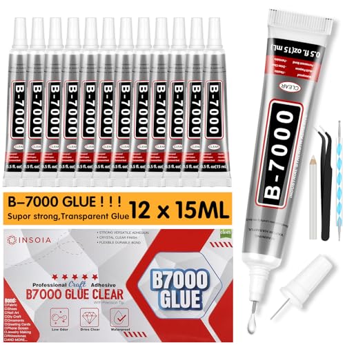 INSOIA B7000 Bedazzling Glue Tool Clear, 12 x 15ml Precision Tip - size: 15g*12pk*1 dual-end pen,1 wax pencil,1 tweezer
