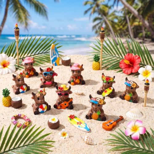 Yaomiao 60 Pcs Mini Hawaii Highland Cow Figurines Bulk Resin Cow Statues - style: Hawaii Cow