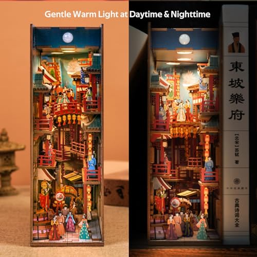 Tonecheer DIY Book Nook Kit for Adults, 3D Wooden Puzzle Bookend Bookshelf Insert Decor, Chinese Booknook Miniature House Kit with Body Motion Sensor LED Light (The Banquet of Tang Dynasty) - color: The Banquet of Tang Dynasty