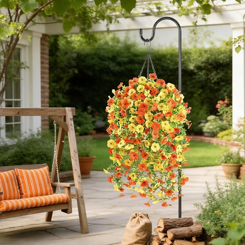 Artificial Fall Flowers for Outdoors UV Resistant Orange Fake Mums Decor - color: Orange Yellow
