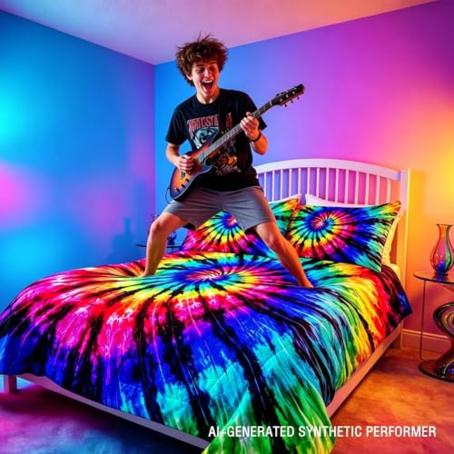 BlessLiving 3-Piece Tie Dye Geometric Comforter Set (Twin), Bohemian Style, Microfiber Bedding for Kids/Girls/Boys - color: Black Purple Blue, size: Twin/Twin XL