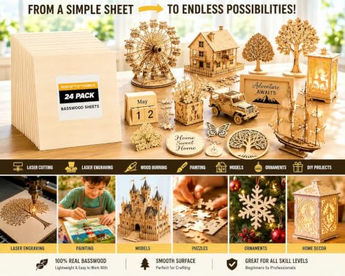 Basswood Sheets 12x12 in, 1/8 Inch Thick 24 Pack Unfinished Square Wood Boards for Laser Cutting, Wood Burning, Engraving, Painting, DIY Crafts, Model Making, CNC, and Architectural Projects