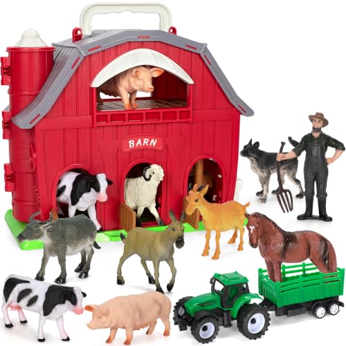 Ellinjan Farm Animals Toys for Toddlers Girls Boys, Big Red Barn Farm with Figures Animals and Tractor Toy for Kids 3 4 5, Farm Playset Educational Learning Toys, Ideal Christmas Birthday Gifts