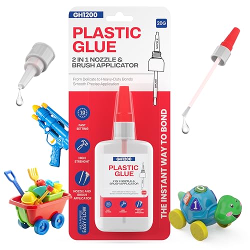 GH1200 (2-in-1) Super Glue for Plastic with Brush Applicator & Nozzle - Fast Setting Plastic Glue Heavy Duty for Solid Bonds, DIY & More, Crystal Clear & No Stain Glue