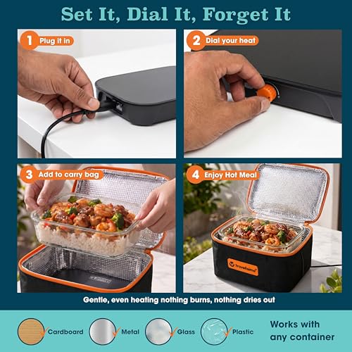 TRAVELISIMO Portable Microwave, Portable Food Warmer For Work & Home Use, Heated Lunch Box 12V/24V/110V, Mini Portable Oven 3-in-1 Food Heater, Electric Lunch Box, Calentador de Comida Portatil - color: Neon Orange