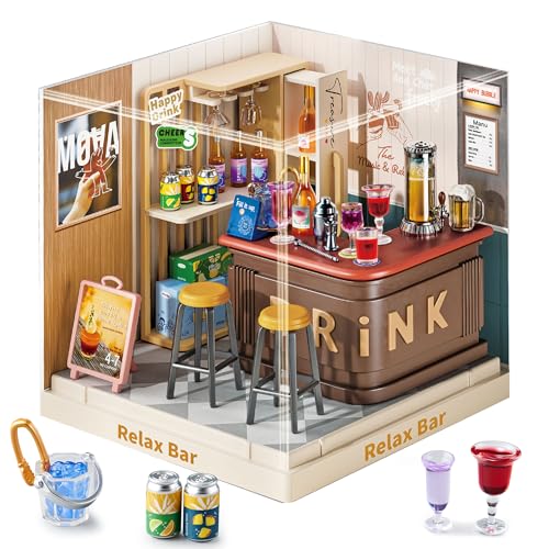 Relax Bar Super Miniature House Kit - DIY Plastic 3D Model Building Set for Teens, Build Your Own Mini Bar Scene with Dustproof Case, Creative Craft Gift for Girls Women - color: Relax Bar, size: Small