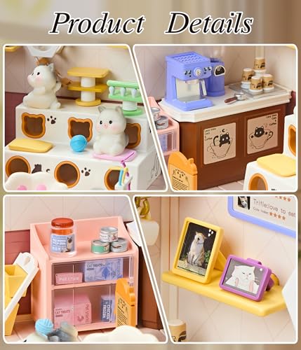 Cute Cat Cafe DIY Miniature House Kit with Roof & LED Light, Stackable & Connectable Dollhouse Kit with Dustproof Door, Creative DIY Crafts Building Toy Gift for Adults Teens - color: Cat Cafe, size: Meduim