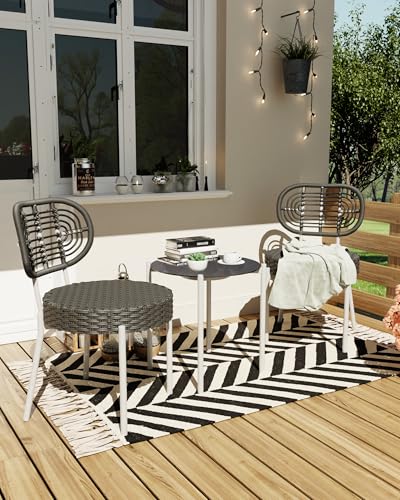 GarveeLife 3 Piece Wicker Patio Bistro Furniture Set, Outdoor Dining Chairs, Includes 2 Rattan Chairs and Tempered Glass Table, for Garden, Backyard, Balcony, Apartment, White & Grey - color: White & Grey