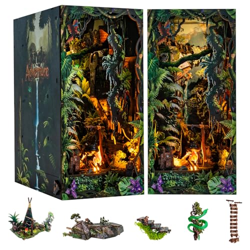 fifijoy Jungle Adventure Book Nook Kit - DIY Miniature Dollhouse Booknook for Adults, 3D Wooden Puzzle Bookend Bookshelf Decor with LED Light and Sound Effects, Creative Gift for Family, Friends - color: Jungle Adventure