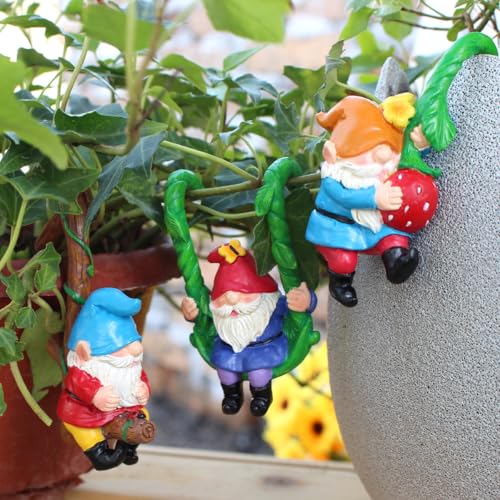 Set of 3 Cute Climbing Gnome Figurines Flower Pot Hugger, Resin Hanging Gnomes Statue Outdoor Decor Fence Ornaments for Patio Lawn Garden Yard (Swing Gnome) - color: Swing Gnome