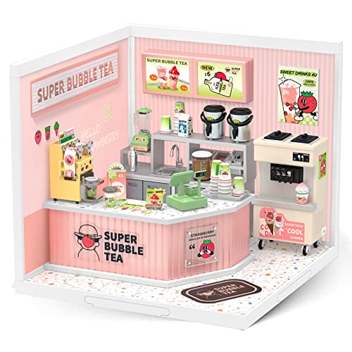 Rolife Plastic House Building Set Toy DIY Miniature Dollhouse Playset with LED for Mini Figures Construction Toys Diorama Kit Gifts for Adults - style: Bubble Tea Shop