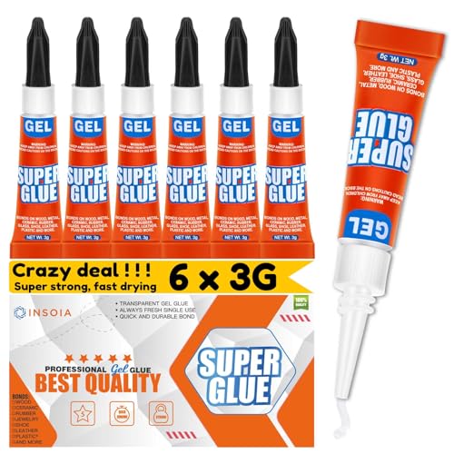 INSOIA Super Glue Gel Clear, 6 x 3g, All Purpose Non-Drip Single-Use - style: Gel