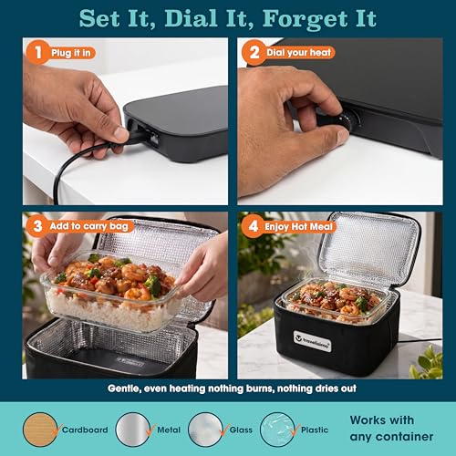 TRAVELISIMO Portable Microwave, Portable Food Warmer For Work & Home Use, Heated Lunch Box 12V/24V/110V, Mini Portable Oven 3-in-1 Food Heater, Electric Lunch Box, Calentador de Comida Portatil - color: Black