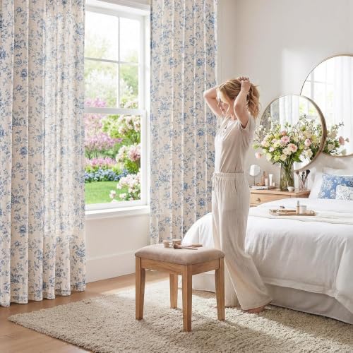 jinchan Linen Curtains 84 inch Blue Floral Farmhouse Rod Pocket 2 Panels - color: Amlie Blue, size: 50"W x 84"L (Pack of 2)