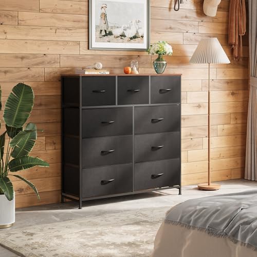 WLIVE Tall Dresser for Bedroom, 9 Drawer Dresser, Black and Rustic Brown - color: Black and Rustic Brown