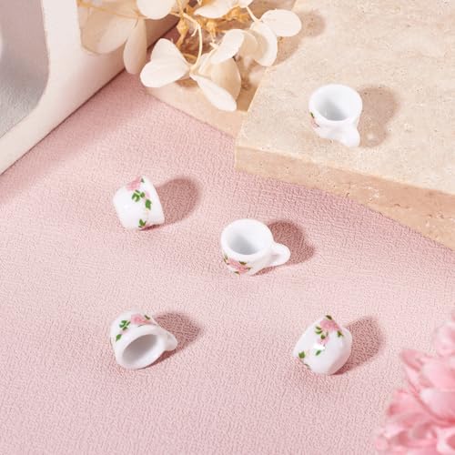 5Pcs Porcelain Cup Charms Miniature Ceramics Cup Mini Tea Cups Hanging Pendant with Flower for Keychains Earrings Jewelry Making Dollhouse Desktop Decor - color: White With Pink Flower