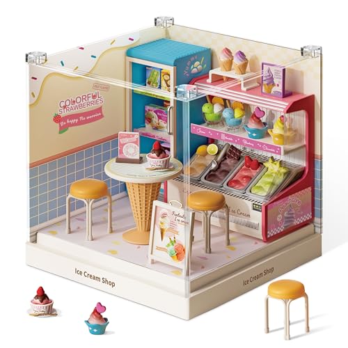 Ice Cream Shop Super Miniature House Kit - DIY Plastic 3D Model Building Set for Adults & Teens, Build Your Own Sweets Dessert Shop with Dustproof Case, Creative Craft Gift for Girls Women - color: Ice Cream Shop, size: Small