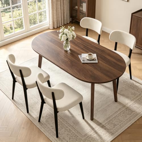 63" Oval Dining Table Set for 4 with Solid Wood Legs - color: Walnut Table Black-l Chairs