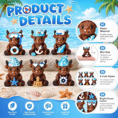 Yaomiao 60 Pcs Mini Coastal Highland Cow Figurines Bulk Resin Cow Statues - style: Summer Nautical