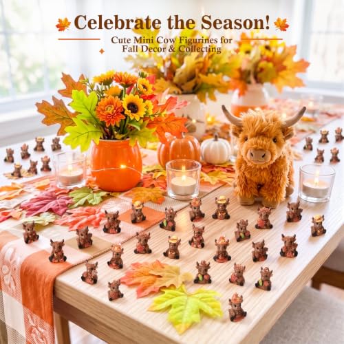 Yaomiao 60 Pcs Mini Fall Highland Cow Figurines Resin Highland Cow Statues - style: Fall Highland Cow