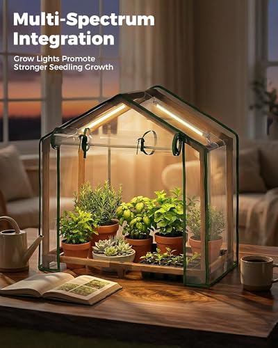 Bamworld Mini Greenhouse Indoor Desktop with Grow Lights - color: brown with grow lights, size: 19.68*19.68*15.15 inch
