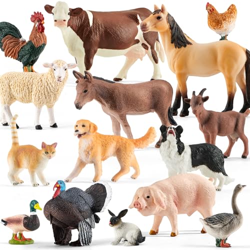 Divwa 15 Pcs Farm Animal Toy for Kid, Plastic Toy Farm Animal Figure Set Playset Including Cow Horse Goat Sheep Pig Donkey Goose Duck Turkey Chicken Dog Cat Rabbit for Kid Age 3-5 5-7