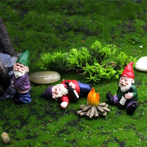 Set of 4 Mini Garden Gnomes with Campfire - 3 Drunk Gnome Figurines and 1 Campfire for Fairy Garden Decor, Plant Pot Decorations, Dashboard Ornaments, and Outdoor Spaces - style: Gnome Set of 4