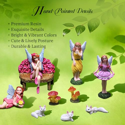 Fairy Garden Accessories Outdoor Set 11Pcs, Miniature Fairies for Fairy Garden with Fox Statues & Mushrooms Figurines - Ornament Outdoor Decor for Terrarium, Patio & Gifts