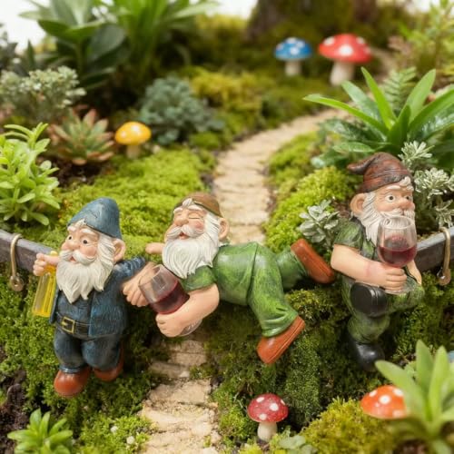 3-piece Fairy Garden Gnome Set, Beer-Drinking Gnome Resin Statue, Outdoor Decorative Item (Colorful) - color: Colorful