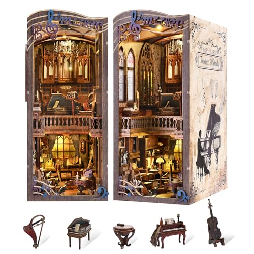 fifijoy Book Nooks, DIY Miniature Book Nook Kit Music, 3D Wooden Puzzle Bookends for Bookshelf Insert Decor with Led Light for Teens and Adults (Timeless Melody) - color: Timeless Melody