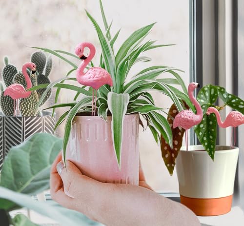 Mini Flamingos Figurines with Stakes - Set of 4 Small Flamingos Garden Gifts for Women Resin for Flower/Plant Pot Decorations - Miniature Fairy Garden