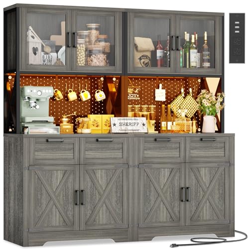 Unikito 71" Tall Kitchen Pantry Storage Cabinet with LED Light & Outlets - color: Enoch Walnut, size: 63 Inch