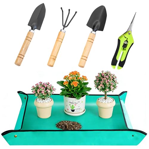 5-Piece Gardening Tool Set with Repotting Mat, Mini Garden Tools for Indoor Plants, Waterproof Potting Mat, Garden Gifts for Women & Men, Succulent Tools Set