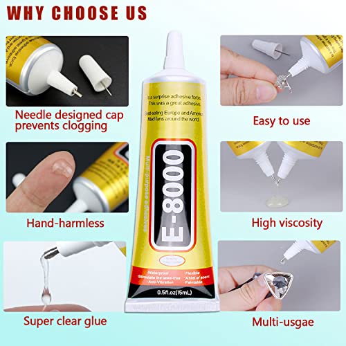 6pcs X 15ml E8000 Jewelry Rhinestones Glue E-8000 Clear Super Glue Transparent Adhesive for Phone Repair Jewelery Making Crafts Gem Fabric Metal Nail Art Stone Wood Glass - style: E8000 6pcs x 15ml