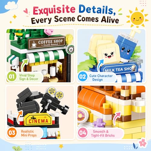 12 PCS Mini Street View Building Bricks Set, Modular City Shop Model, DIY Tiny Town Collection, Aesthetic Tabletop Decor, Holiday & Birthday Gifts for Adults - color: Vibrant
