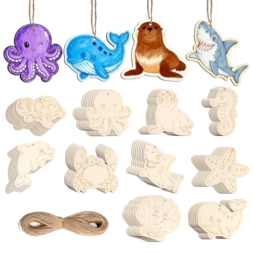 80PCS Unfinished Ornament Wood Crafts, Painting Blank Wooden Cutouts - color: Sea